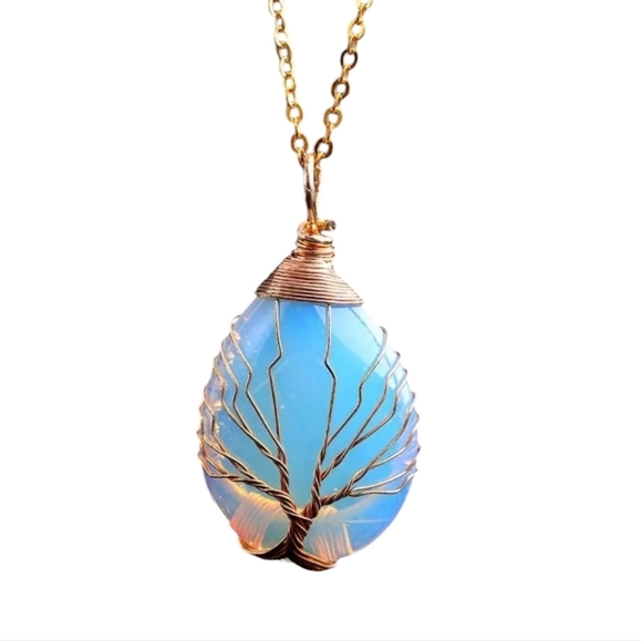 Elegant Blue Teardrop Pendant Necklace Tree Of Life Wire Wrapped - Picture 1 of 4